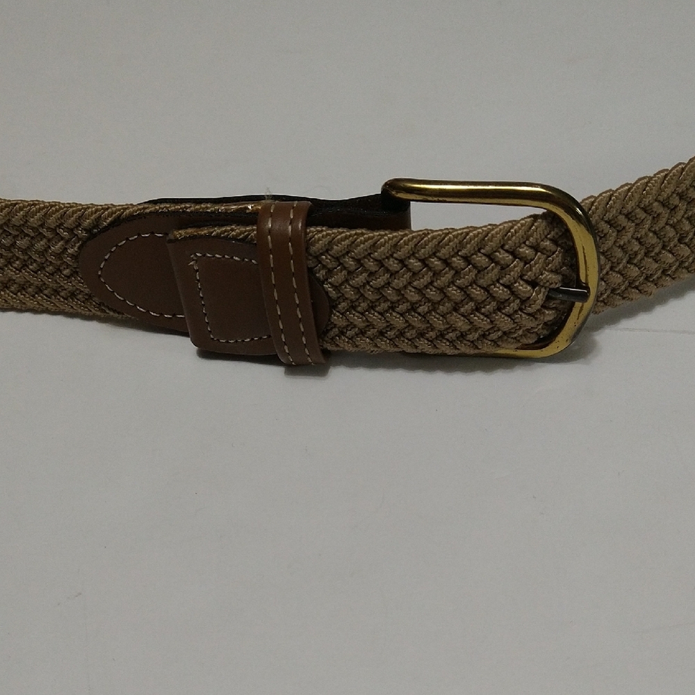 Men's Tan Woven Belt With Brown Leather and Metal Buckle Adjustable Size L #1184